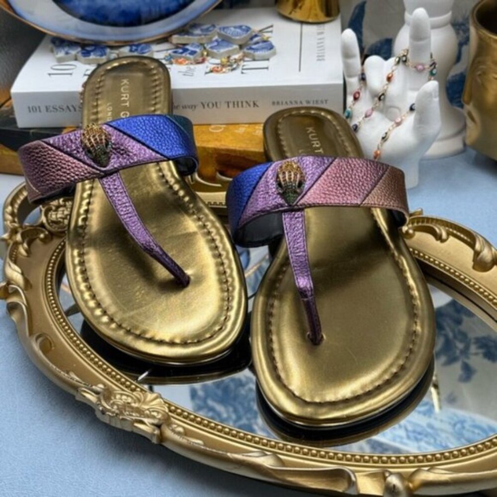 🆕 KURT GEIGER LONDON 🧿 NWOB Kensington T-Bar Sandal, Metallic Rainbow, Sz US 7 - Picture 4 of 13